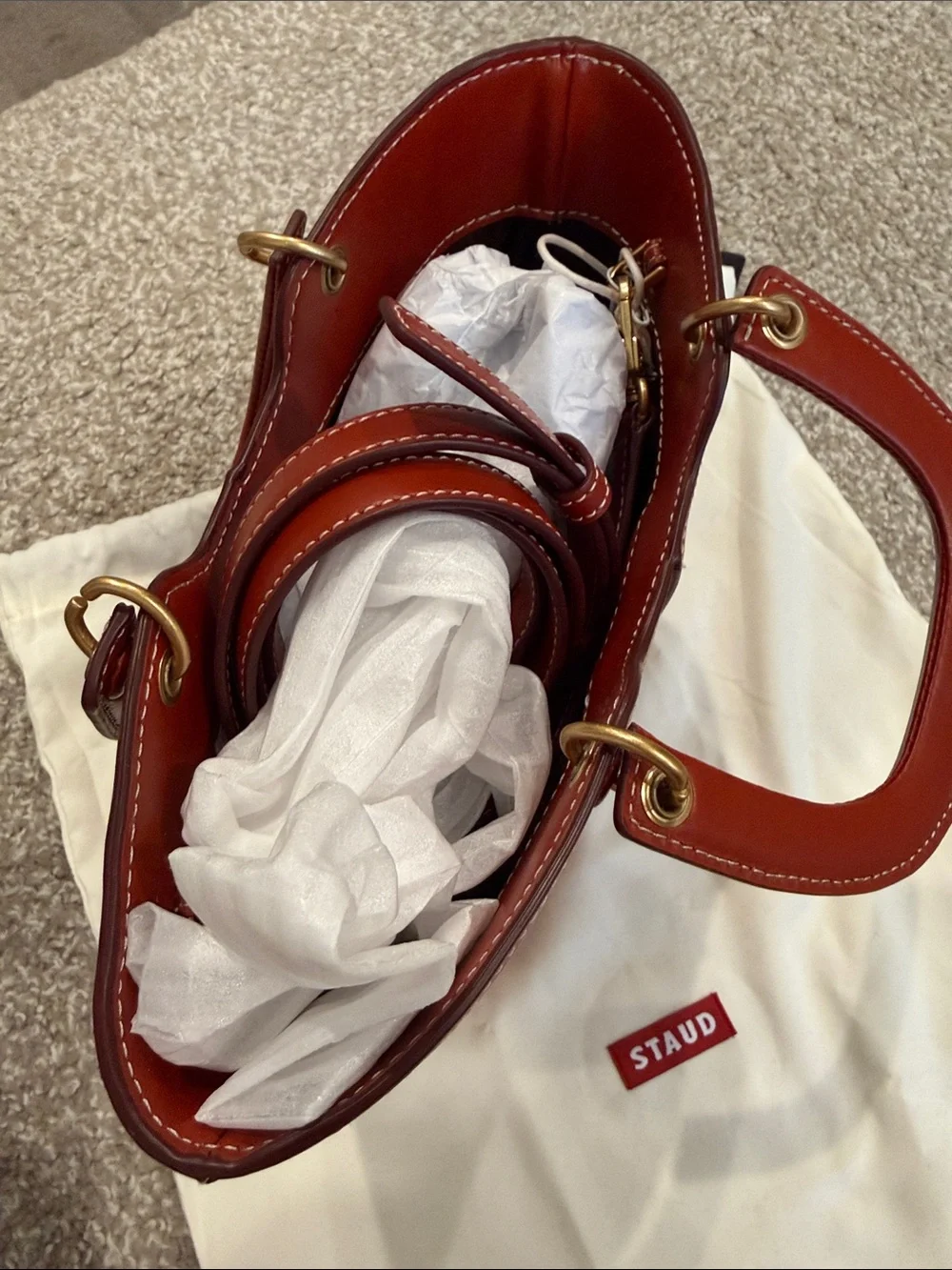 Staud Red Leather bucket bag with Top Handles